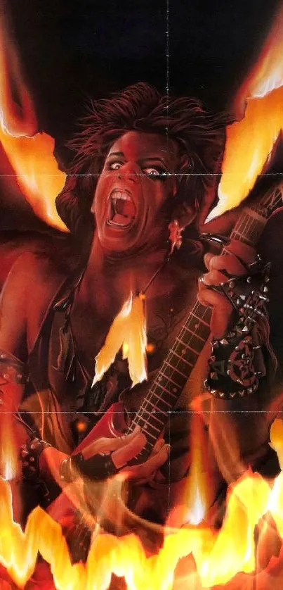 Guitarist engulfed in fierce flames, creating a powerful and fiery visual impact.