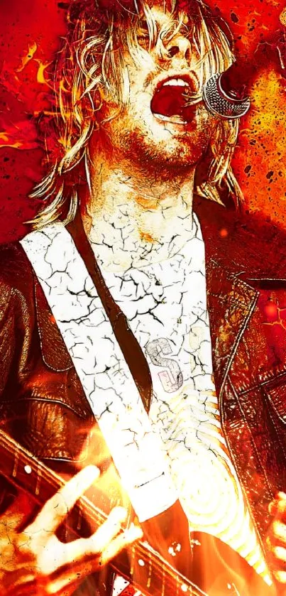 Fiery rock guitarist with flames, vibrant and dynamic mobile wallpaper.