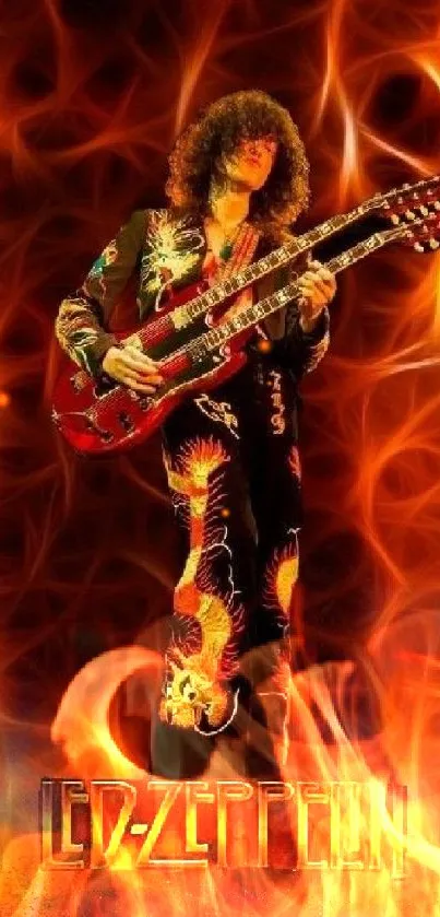 Fiery guitarist with red guitar and orange flames background.