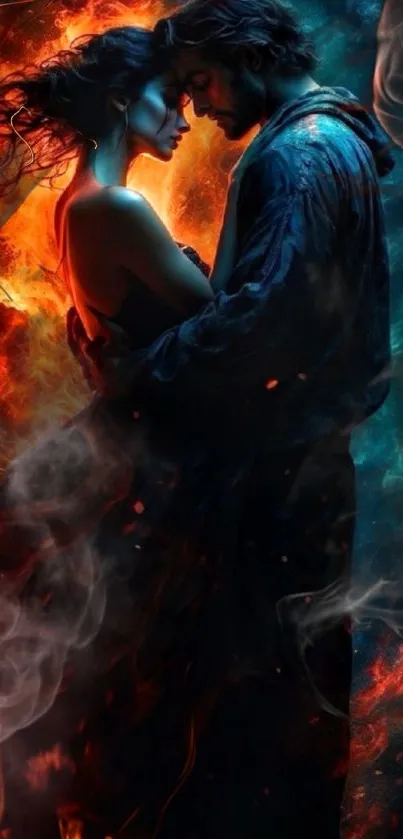 Fiery embrace of a couple with smoke in a dramatic, romantic mobile wallpaper.