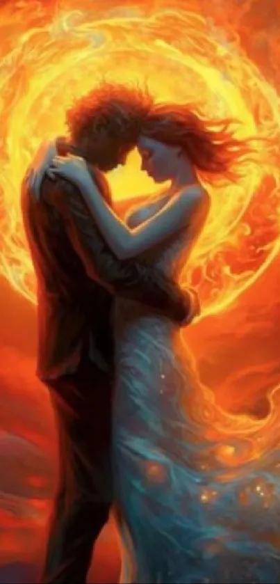 Romantic couple embracing with a fiery orange background.