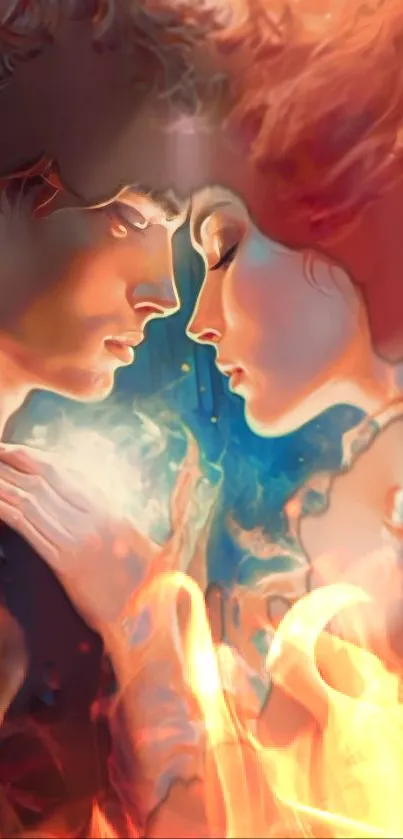 Fiery fantasy artwork with romantic characters and vivid flames.