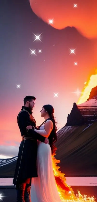 Romantic couple with fiery lava and stunning landscape background.