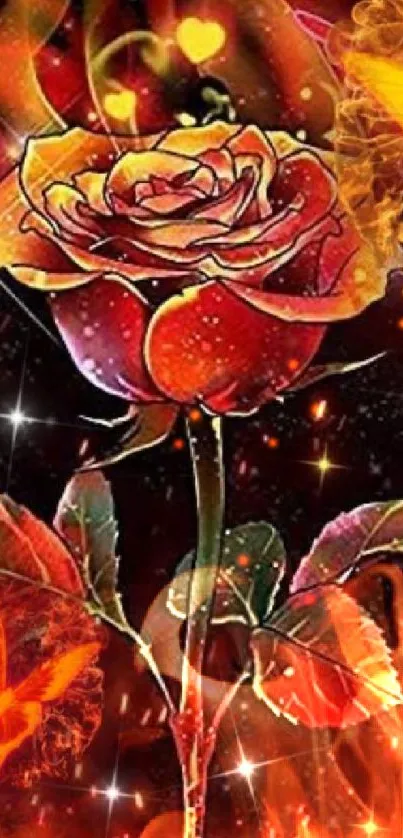 Fiery rose with mystical butterflies wallpaper.