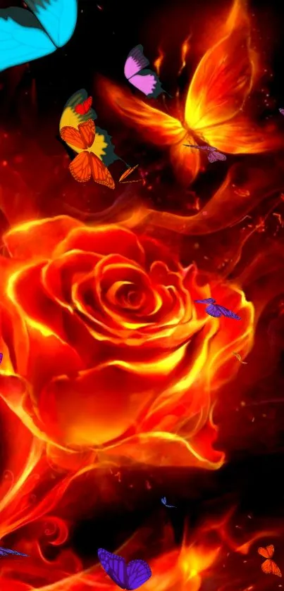 Fiery rose with butterfly in red and orange flames wallpaper.