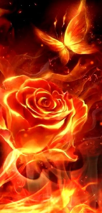 Fiery rose and butterfly in vivid flames.