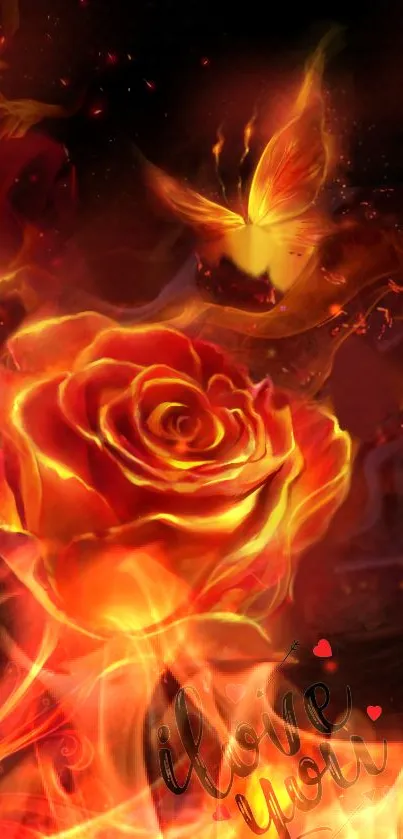 Fiery rose and butterfly with 'I love you' text in warm colors.