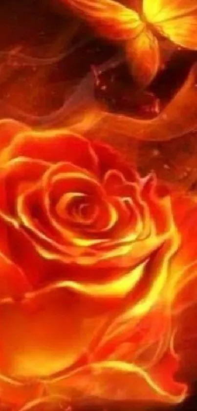 Fiery red-orange rose with a butterfly in flames.