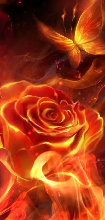 Fiery rose with butterfly on dark mobile wallpaper.