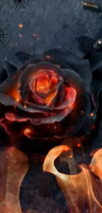 Wallpaper with a fiery black rose and flames on a dark background.