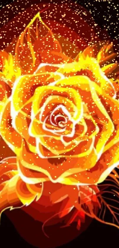 Fiery orange and yellow rose artwork on a dark background.