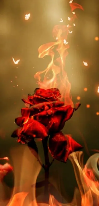 Burning rose with fire and glowing butterflies on mobile wallpaper.