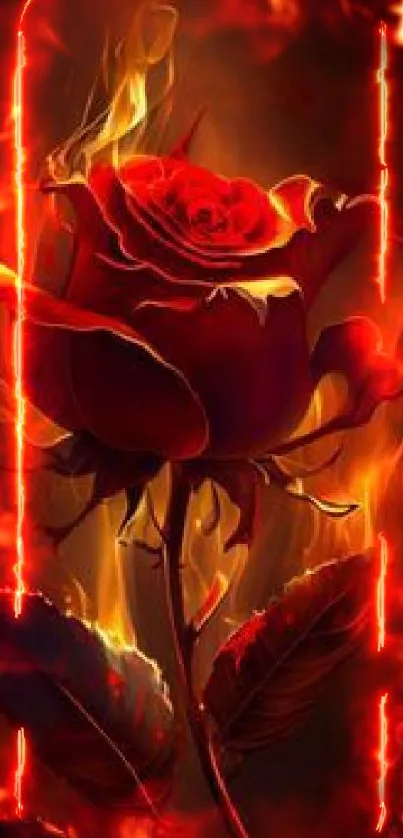 Fiery rose with vibrant colors and flames on a dark background.