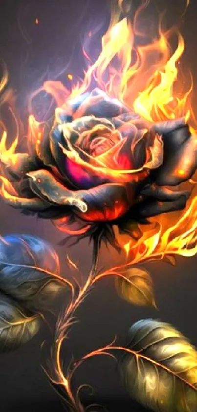 Fiery rose with flames on a dark background, vibrant and artistic.