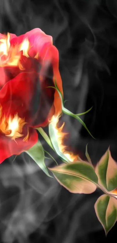 A fiery rose with flames and smoke on a dark background.