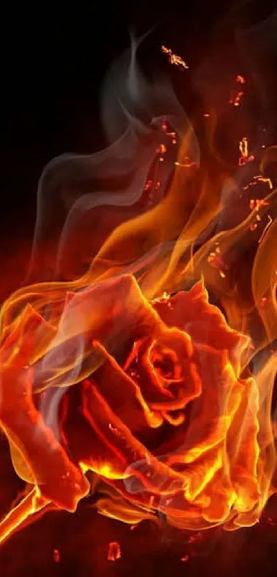 Fiery red rose surrounded by smoky flames.