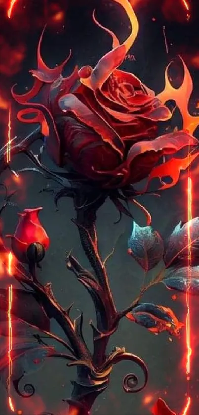 Fiery rose with fantasy elements in vibrant colors as mobile wallpaper.