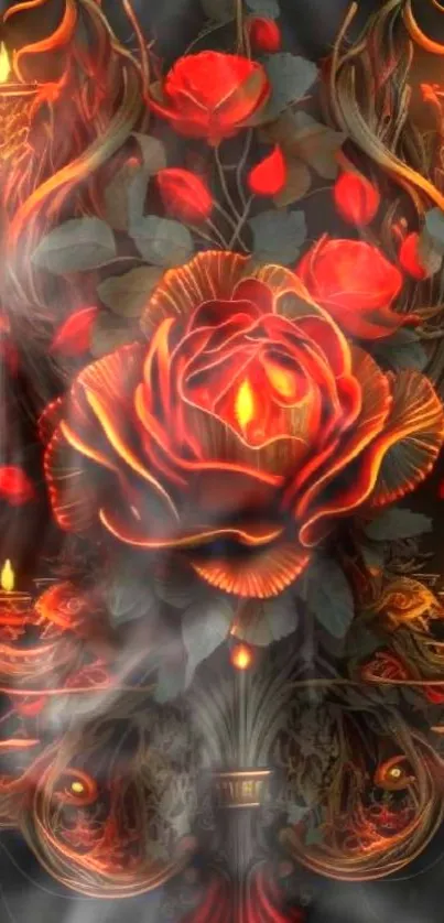 Fiery rose with candlelit design on a dark background mobile wallpaper.