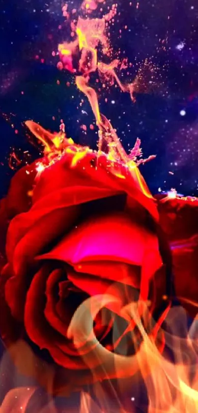 Fiery red rose amidst the galaxy.