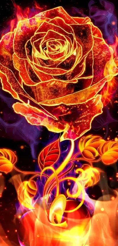 Fiery rose with heart and glowing leaves on a dark background.