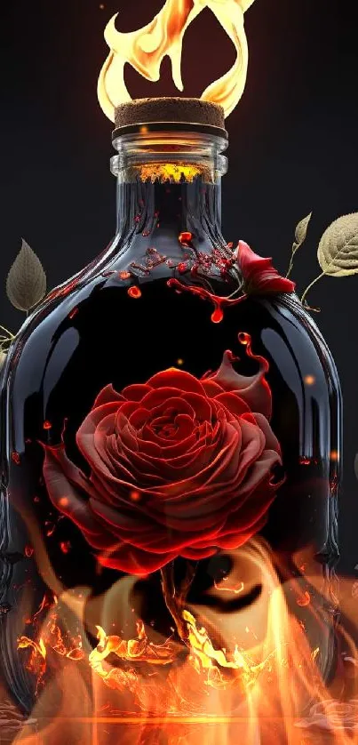 A vivid rose encased in a glass bottle with fiery flames rising above.