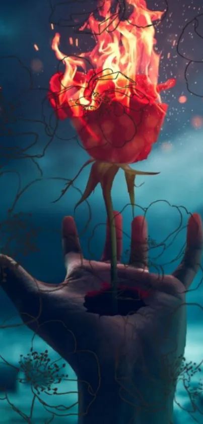 Fiery rose held in hand against a teal sky background.