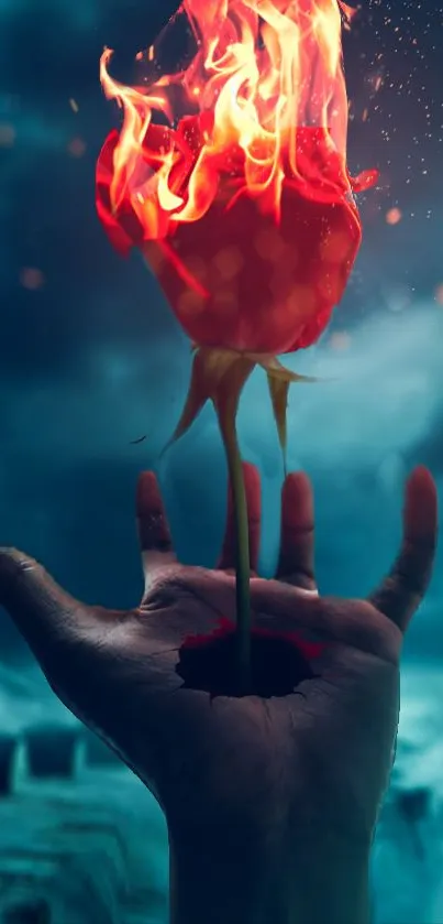 Fiery rose held by a hand against a mystical blue background.