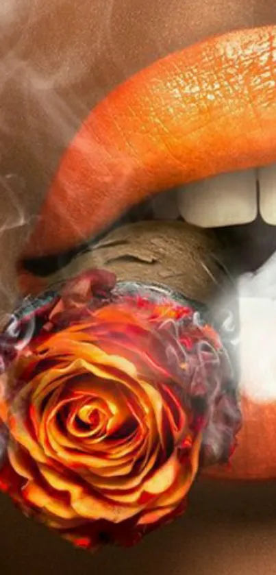 Orange lips with a fiery rose cigar, creating a bold visual impact.