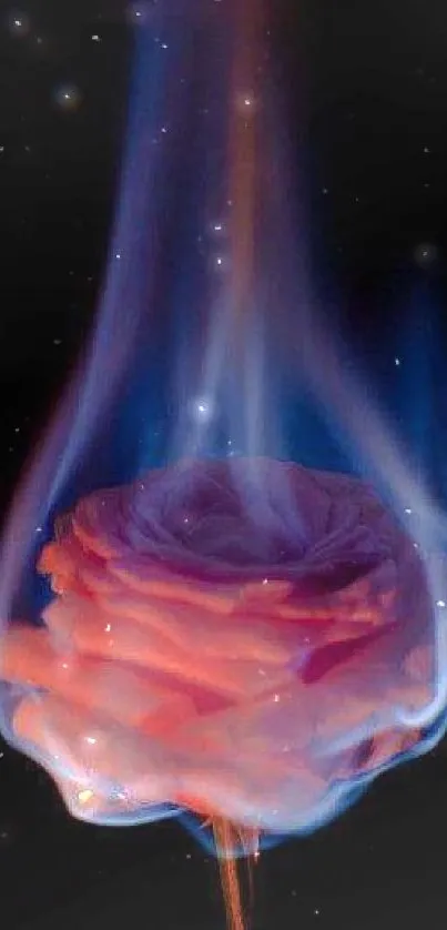 A vibrant rose engulfed in blue flames with dark background.