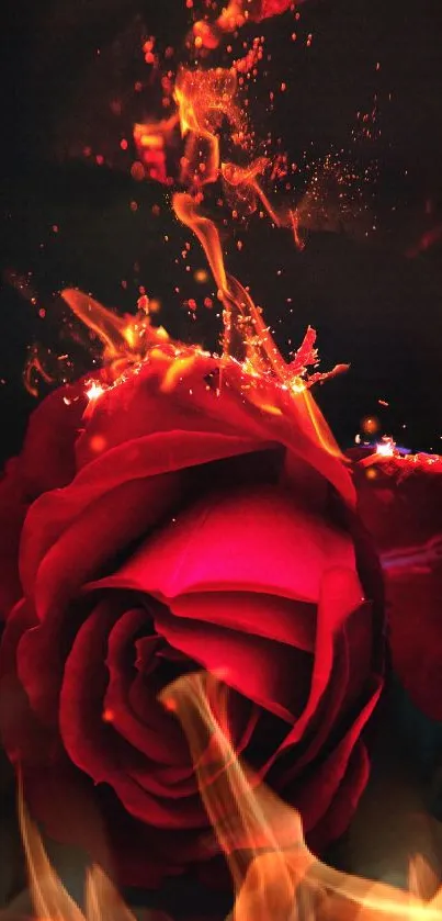 Fiery red rose with flames on a dark background.