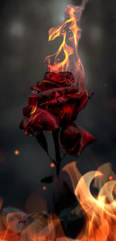 A rose engulfed in flames on a dark background.