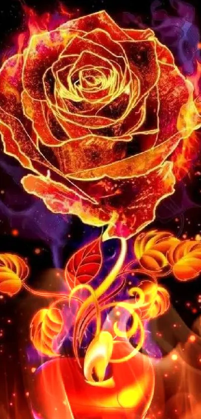 Fiery rose with glowing heart and flames wallpaper.