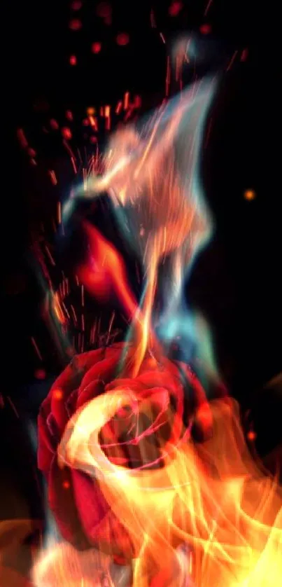 Fiery rose amid flames on a dark background.