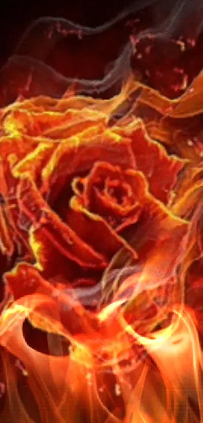 Fiery red rose amidst bright flames, perfect for dynamic mobile wallpapers.