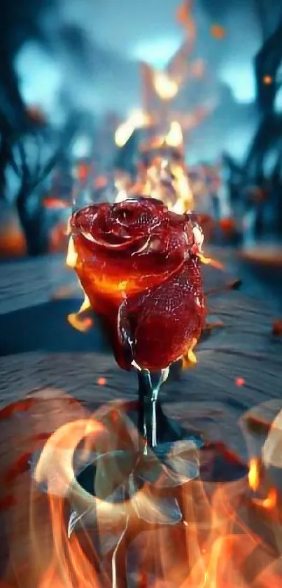 Fiery rose surrounded by flames creates a dramatic mobile wallpaper.