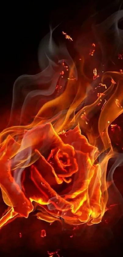 Mobile wallpaper of a fiery rose with vibrant orange flames.