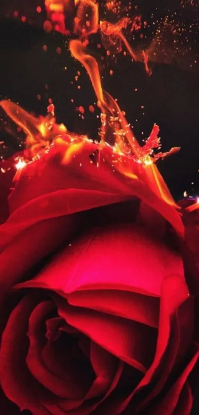 Vibrant red rose engulfed in flames on a dark background.