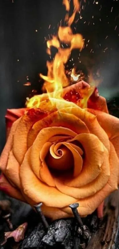 Orange rose engulfed in flames with sparks flying on a dark background.