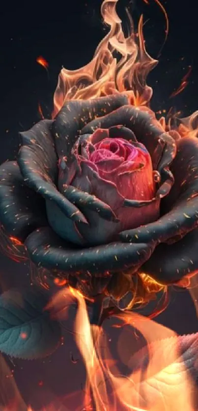 Burning dark rose with flames on wallpaper.