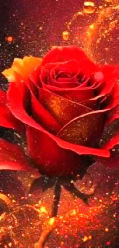 A stunning wallpaper of a fiery red rose with flame effects.