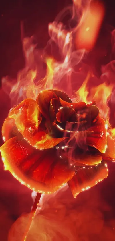 Fiery rose with vivid flames on mobile wallpaper.