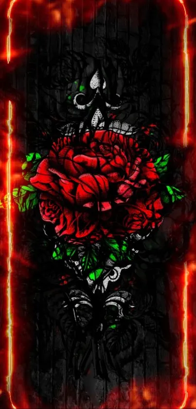 Artistic wallpaper featuring red rose with fiery background on mobile screen.