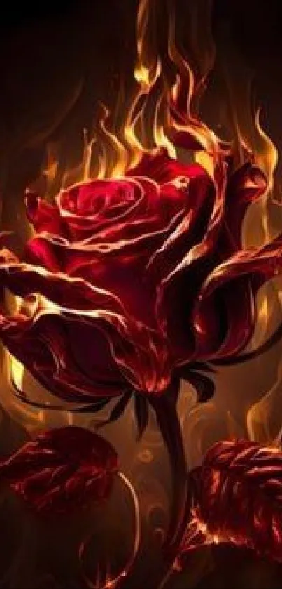 Fiery red rose with flames on dark background.