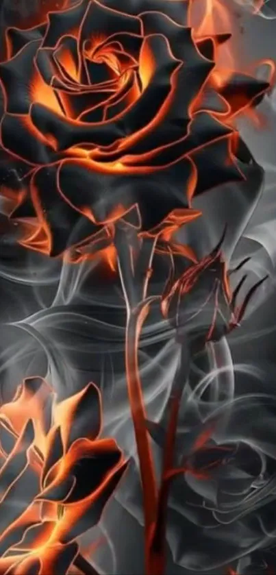 Fiery orange roses with smoke on a dark background