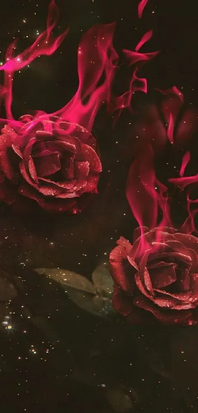 Dark background with fiery red roses and flames.