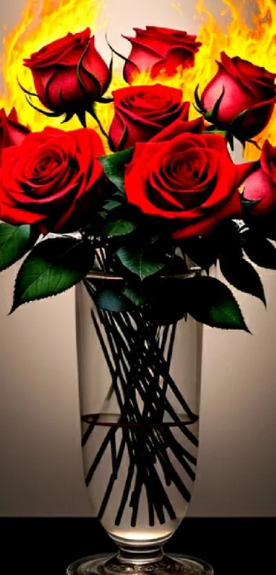 Red roses in a glass vase with lively flames