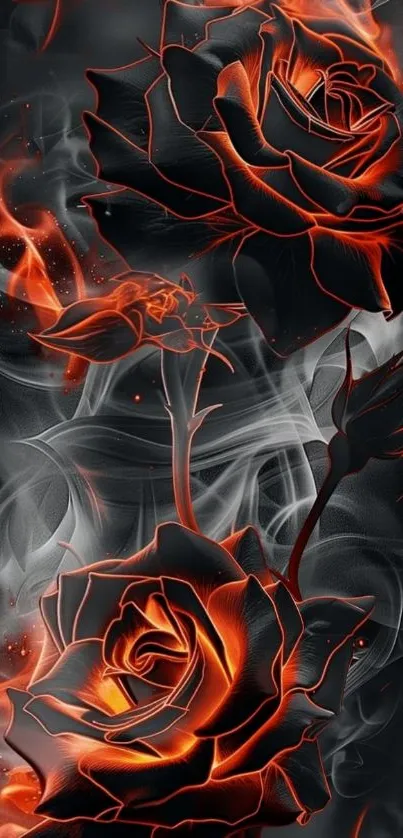 Fiery roses intertwined with smoke in artistic wallpaper.