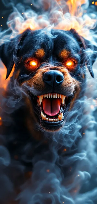 Fiery Rottweiler with glowing eyes and smoke effects