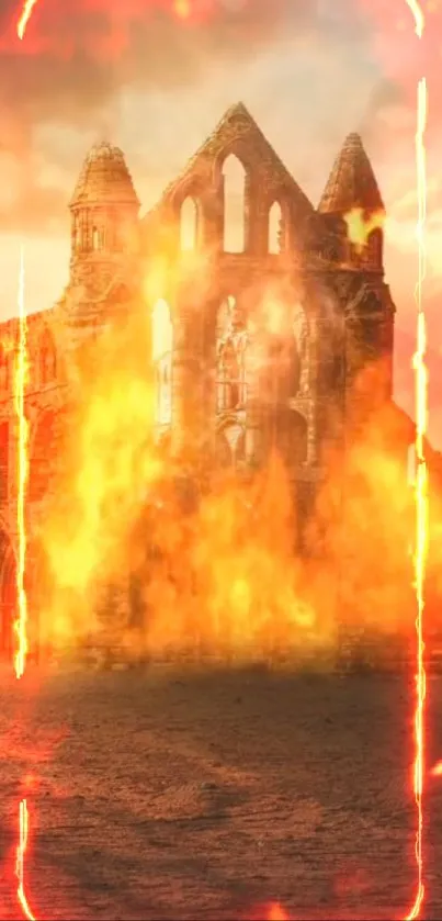 Fiery ruins wallpaper with flames surrounding an ancient building.