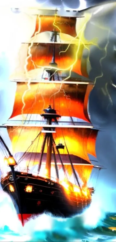 Dynamic wallpaper of a fiery ship in a stormy sea with bright orange sails.